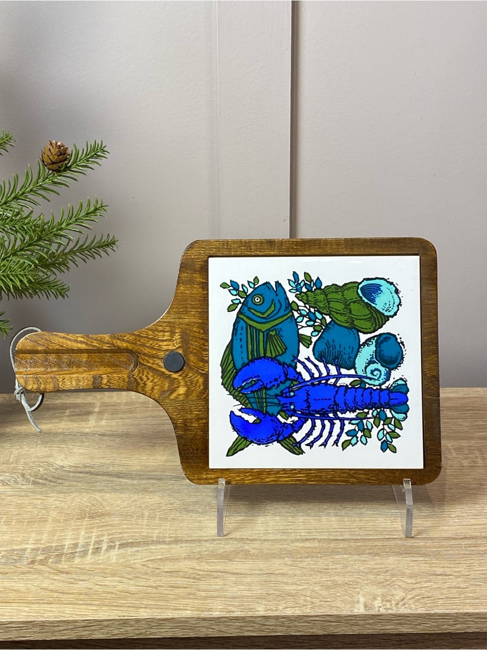 Large 12" Vintage Wood Trivet – Ocean & Seafood Tile Design – Kitchen Decor